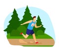 Caucasian male runner racing in nature, sporty man with bib number in a park. Endurance challenge, outdoor sports event