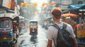 Caucasian male tourist exploring a bustling Thai street market. Young man with backpack in urban Thailand. Concept of