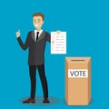 Caucasian male with voting sheet and ballot box