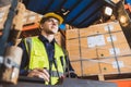 Caucasian male worker working in warehouse goods store. inventory staff moving producs pallet shipping management with folk lift