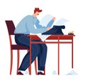 Caucasian male writer at desk struggling with writer's block. Frustrated cartoon man with paper and typewriter