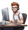 Caucasian man with a beard working with computer and headphones at a desk. Software developer, programmer or system