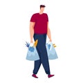 Caucasian man carrying grocery bags filled with food items. Male shopper walking after buying groceries. Everyday