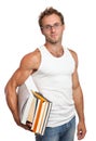 Caucasian man carrying stack of books Royalty Free Stock Photo