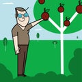 Caucasian man collects apples from apple tree, vector illustration Royalty Free Stock Photo