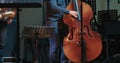 Caucasian man at a concert plays jazz and blues on a contrabass without a bow