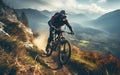 Caucasian man cyclist riding bicycle on mountain trail. Sport mountain bike Royalty Free Stock Photo