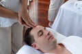 Caucasian man enjoying relaxing anti-stress head massage. Quiescent Royalty Free Stock Photo