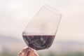 Caucasian man hand holding a glass of red wine through the blurry sky Royalty Free Stock Photo