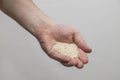 A Caucasian man holds raw long-grain rice in a hand. Royalty Free Stock Photo