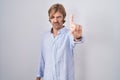 Caucasian man with mustache standing over white background pointing with finger up and angry expression, showing no gesture Royalty Free Stock Photo