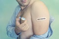 Caucasian man, patient with band-aid vaccinated on hand. Concept of people vaccination for covid-19 coronavirus, flu, infectious Royalty Free Stock Photo