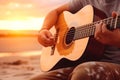 Caucasian man playing acoustic guitar on sandy beach at sunset time. Playing music concept, neural network generated Royalty Free Stock Photo