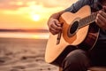 Caucasian man playing acoustic guitar on sandy beach at sunset time. Playing music concept, neural network generated Royalty Free Stock Photo