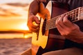 Caucasian man playing acoustic guitar on sandy beach at sunset time. Playing music concept, neural network generated Royalty Free Stock Photo