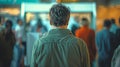 Caucasian man at poling station. Male voter preparing to cast his vote. Citizen awaiting turn at election polling place