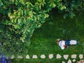 Caucasian man pushing lawn mower for cutting green grass in garden with sunlight at summer season. Aerial view. Housework and Royalty Free Stock Photo