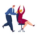 Caucasian man pushing office chair with excited woman raising arms in joy. Business celebration, employee success vector