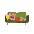 Caucasian man relaxing with a book on the couch at home. Young man reading a book on a sofa. Happy young guy lying at home. Vector
