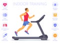Caucasian man is running on the treadmill. Flat vector illustration.
