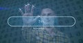 Caucasian man scanning his hand over futuristic screen with data processing against binary coding Royalty Free Stock Photo
