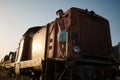 Caucasian man standing in front of a vintage train, gazing out at the picturesque ocean landscape Royalty Free Stock Photo