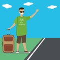 Caucasian man with suitcase hitchhiking on the roadside