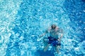 Caucasian man in swimming trunks under water dives in the pool with blue tiles on vacation. Adult male swims in swimming pool with Royalty Free Stock Photo