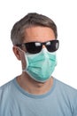 Caucasian man wearing a protection mask and sunglasses on a white background