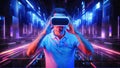 A Caucasian man wearing VR headset and immerses himself in a surreal, futuristic metaverse, where an abstract geometric city Royalty Free Stock Photo