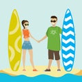 Caucasian man and woman on surfing vacation