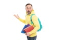 caucasian man in yellow hoody planning his work. literature education for adult. guy hold workbook.