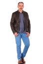 Caucasian mature man posing in leather jacket