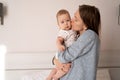 Caucasian mother and child close up. family, motherhood, parenting, people and child care concept. happy mother kissing Royalty Free Stock Photo
