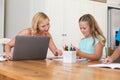 Caucasian mother using laptop and doing homework with her daughter smiling at home Royalty Free Stock Photo