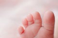Caucasian Newborn baby foot closeup macro detail shot. child portrait, health skin, tenderness, maternity and babyhood concept - Royalty Free Stock Photo