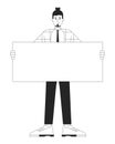 Caucasian office man standing with placard black and white 2D line cartoon character