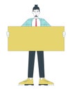 Caucasian office man standing with placard 2D linear cartoon character