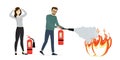 Caucasian office worker man holds red fire extinguisher. Cartoon people extinguishes fire, isolated on white background. Foam puts