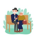 Caucasian old married couple sitting on bench in park, happy elderly people enjoying outdoors. Grandpa giving rose flower to Royalty Free Stock Photo