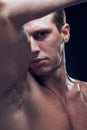 Caucasian one young adult man, muscular fitness model, head face