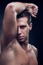 Caucasian one young adult man, muscular fitness model, head face