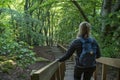 Caucasian Outdoor Active Woman on wooden stairs Overlooking Lush forests in Stenshuvud National Park