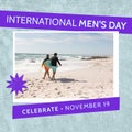Caucasian people with surfboards walking at beach, international men's day text in frame Royalty Free Stock Photo