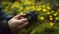 Caucasian photographer holding SLR camera, photographing flower in meadow generated by AI