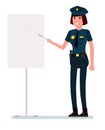 Caucasian police woman in uniform holding a pointer. Vector cartoon flat design illustration isolated on white