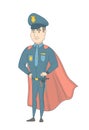 Caucasian policeman wearing a red superhero cloak.