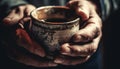 Caucasian potter hand holds hot clay coffee mug generated by AI