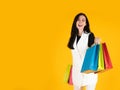 Caucasian pretty woman smiling and holding colorful shopping bags with fashion clothes and accessories inside portrait isolated on Royalty Free Stock Photo