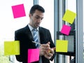 Caucasian professional manager writing solution idea plan about business project in note and neon paper sticky on glass board Royalty Free Stock Photo